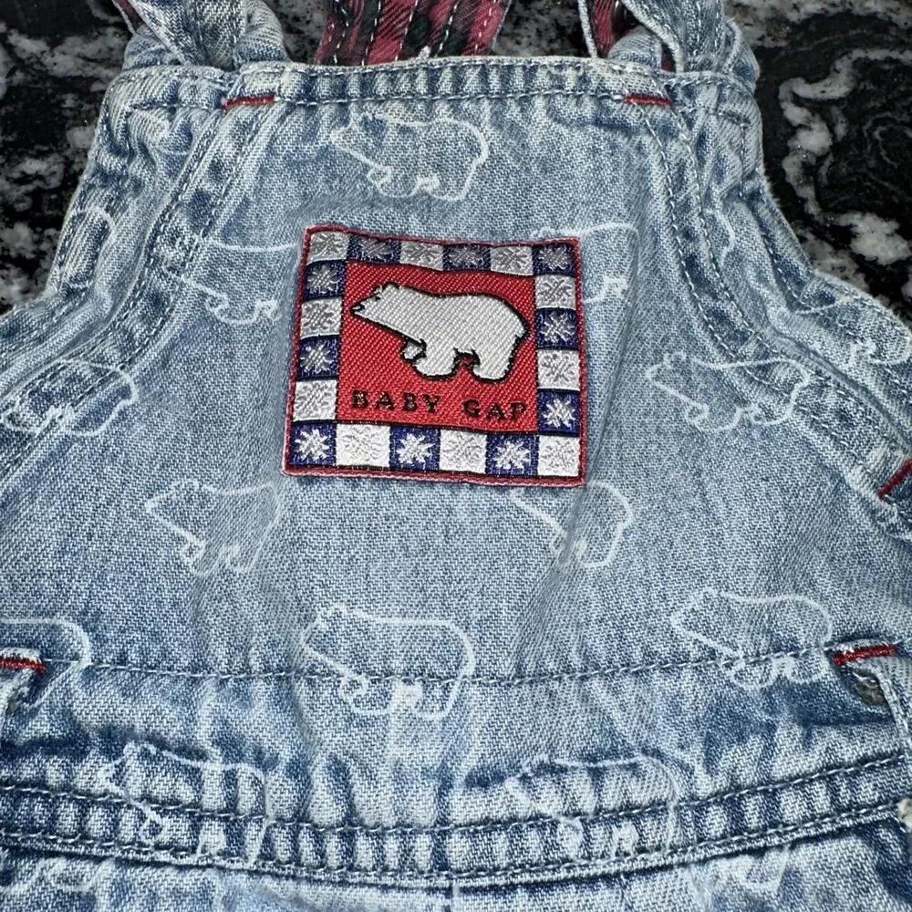 Vintage 90s Baby GAP Polar Bear Denim Overalls USA Made Red Plaid Lined Toddler